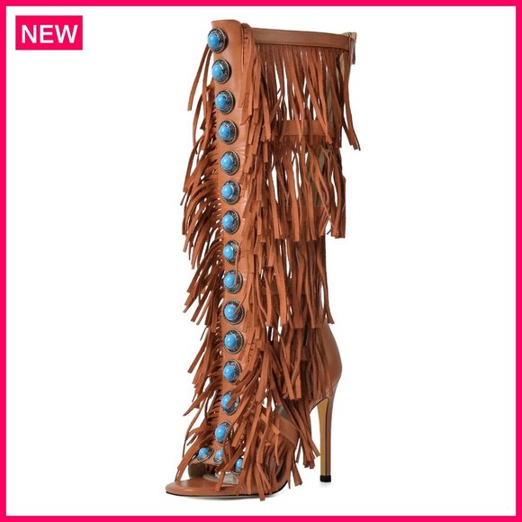 Shoes - Women's Knee High Sandals, Fringe Studded Heels, 4.72 Inch Heel, Party Wear